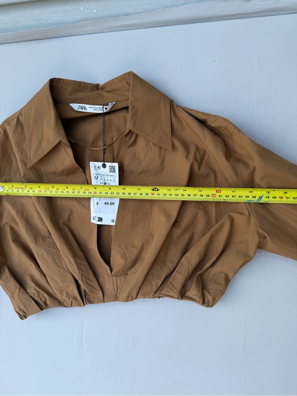 Zara Cropped and Cinched Collared Long-Sleeve Top - Tan - Picture 5 of 8